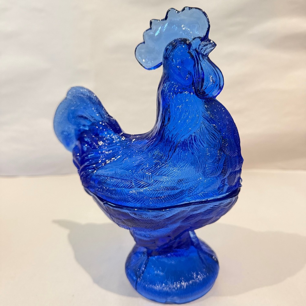 Cobalt Blue Glass Standing Rooster Covered Dish Pedestal Nest Westmoreland